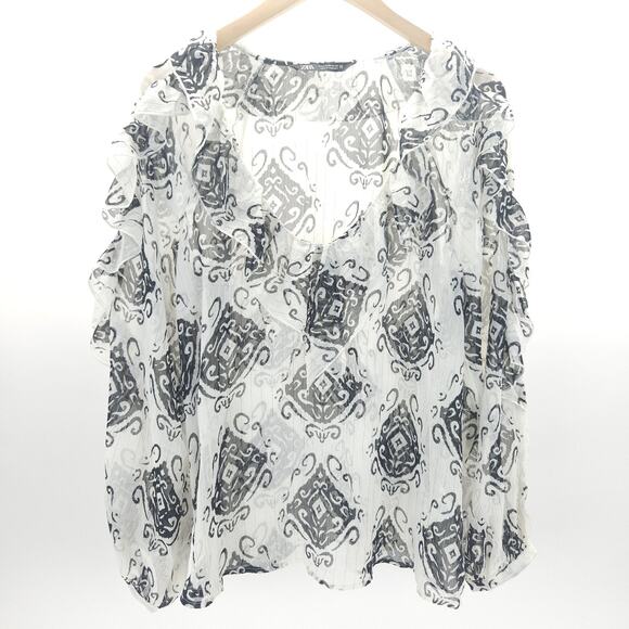 Zara Top M Black Gold Ikat Tunic Blouse Ruffle Frill Sheer Fairy Whimsy Peasant - Picture 1 of 8